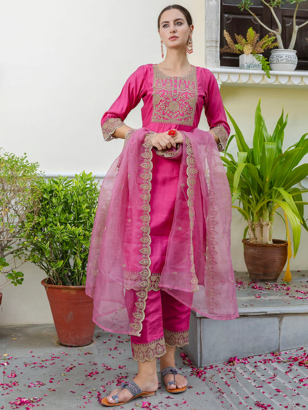 Floral Embroidered Silk Round Neck Kurta Trouser And Dupatta Set