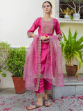 Floral Embroidered Silk Round Neck Kurta Trouser And Dupatta Set