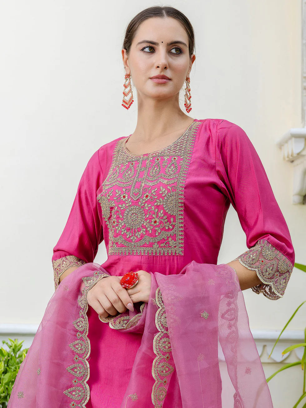Floral Embroidered Silk Round Neck Kurta Trouser And Dupatta Set