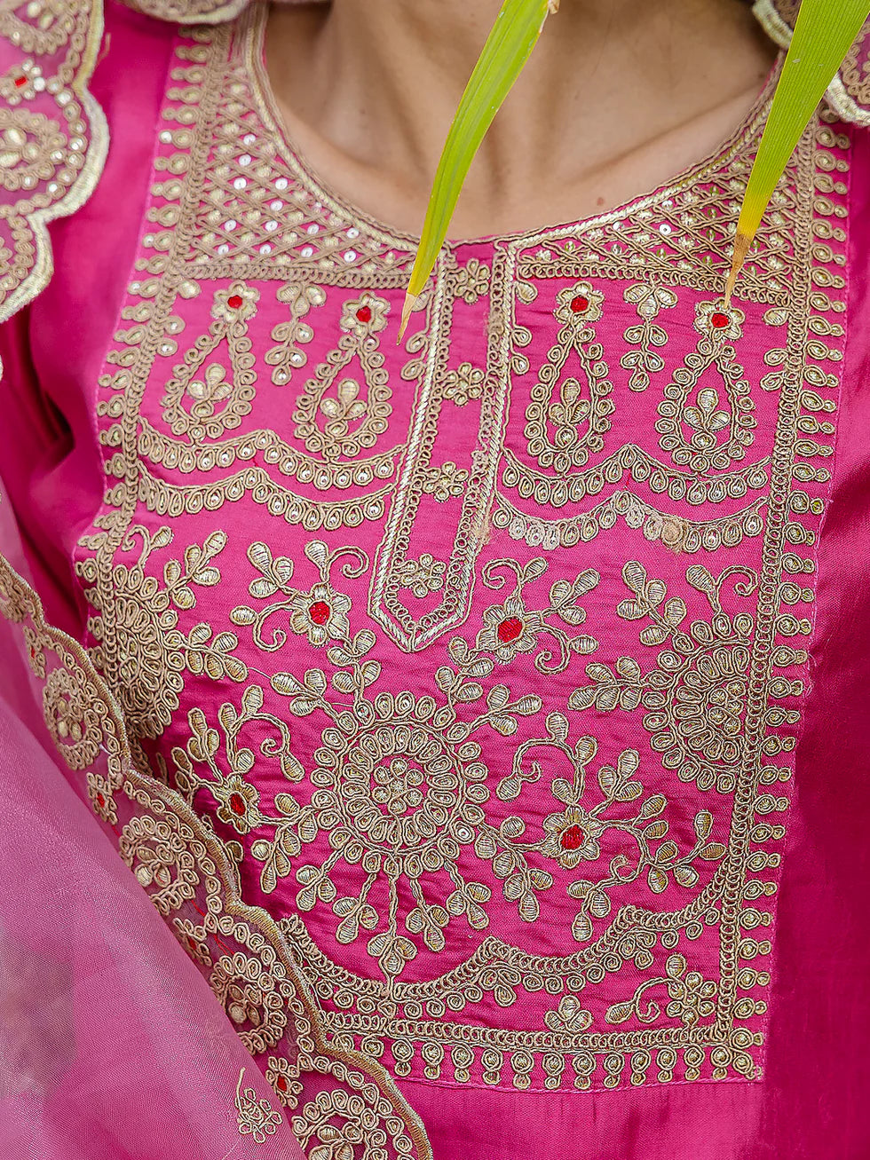 Floral Embroidered Silk Round Neck Kurta Trouser And Dupatta Set