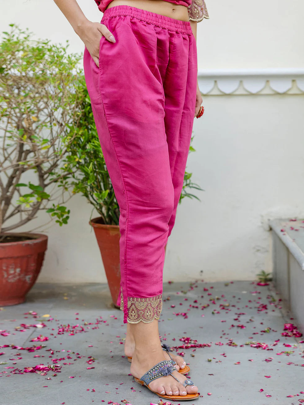 Floral Embroidered Silk Round Neck Kurta Trouser And Dupatta Set