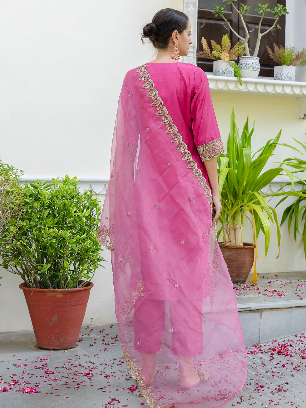 Floral Embroidered Silk Round Neck Kurta Trouser And Dupatta Set