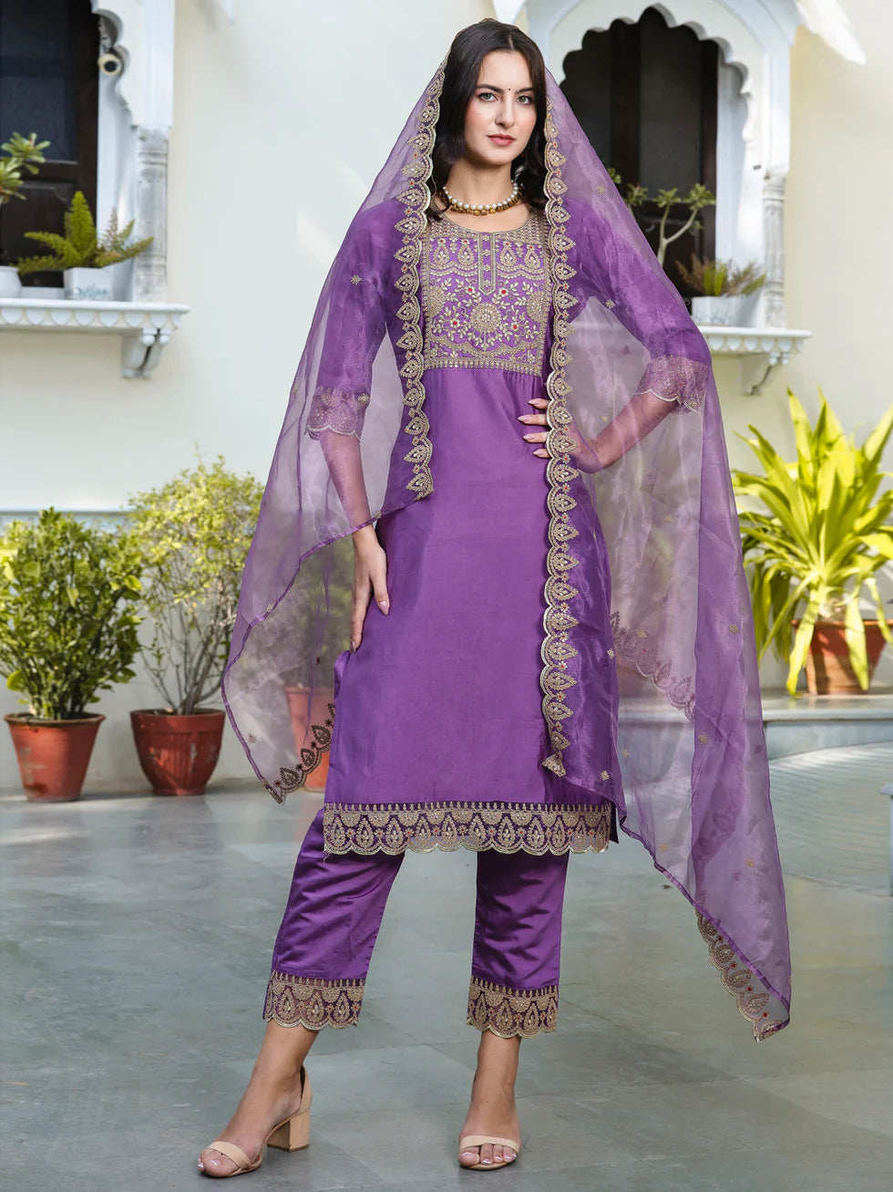 Floral Embroidered Silk Round Neck Kurta Trouser And Dupatta Set