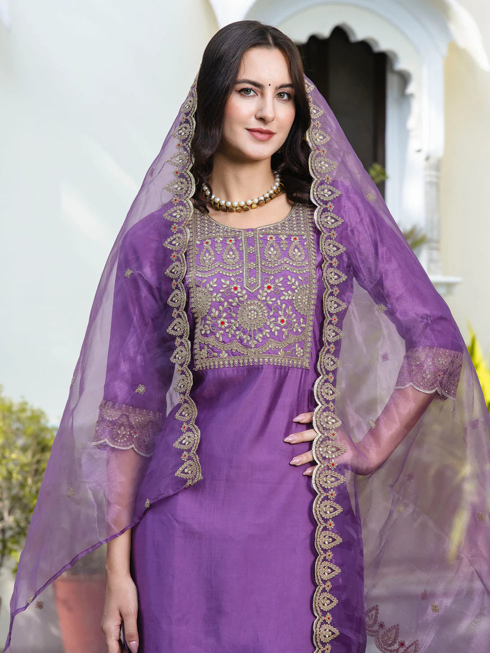 Floral Embroidered Silk Round Neck Kurta Trouser And Dupatta Set