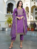 Floral Embroidered Silk Round Neck Kurta Trouser And Dupatta Set