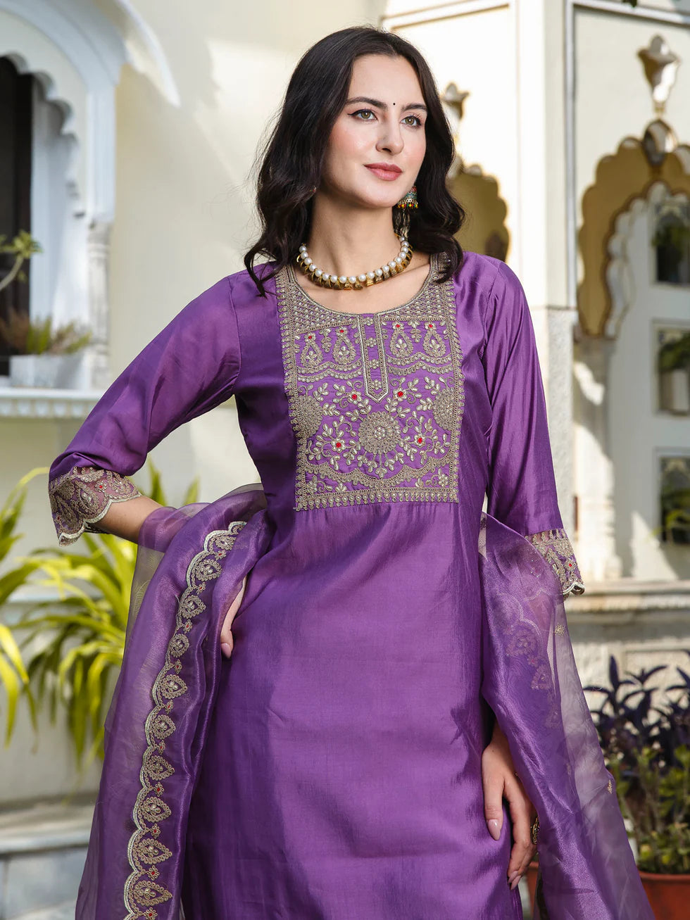 Floral Embroidered Silk Round Neck Kurta Trouser And Dupatta Set