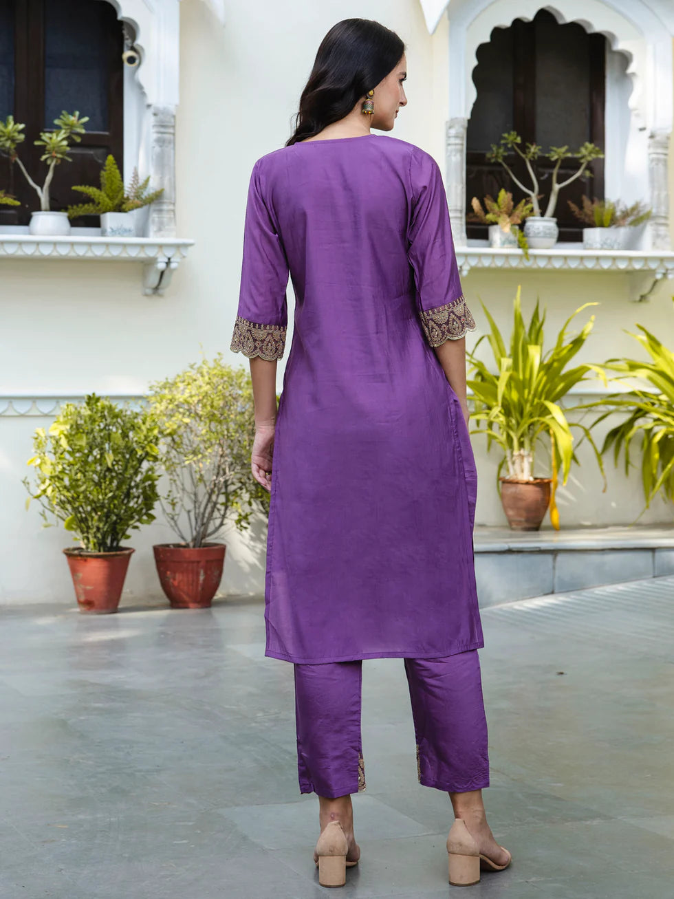 Floral Embroidered Silk Round Neck Kurta Trouser And Dupatta Set