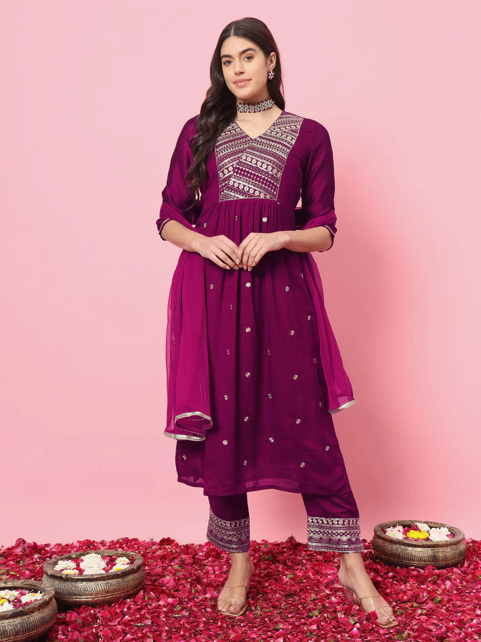 Floral Embroidered Silk V Neck Kurta Trouser And Dupatta Set