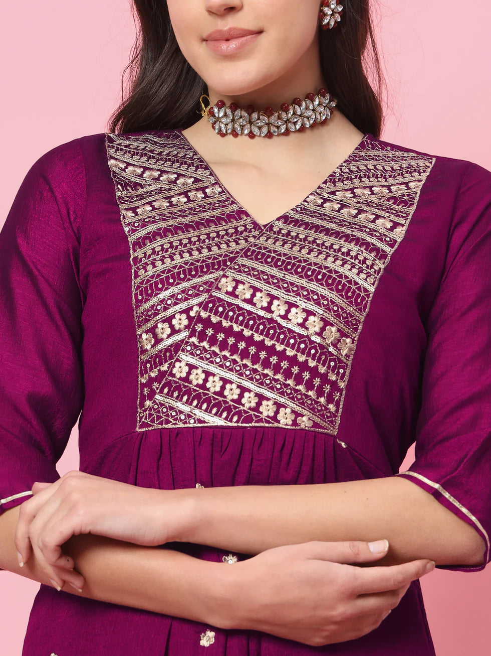 Floral Embroidered Silk V Neck Kurta Trouser And Dupatta Set