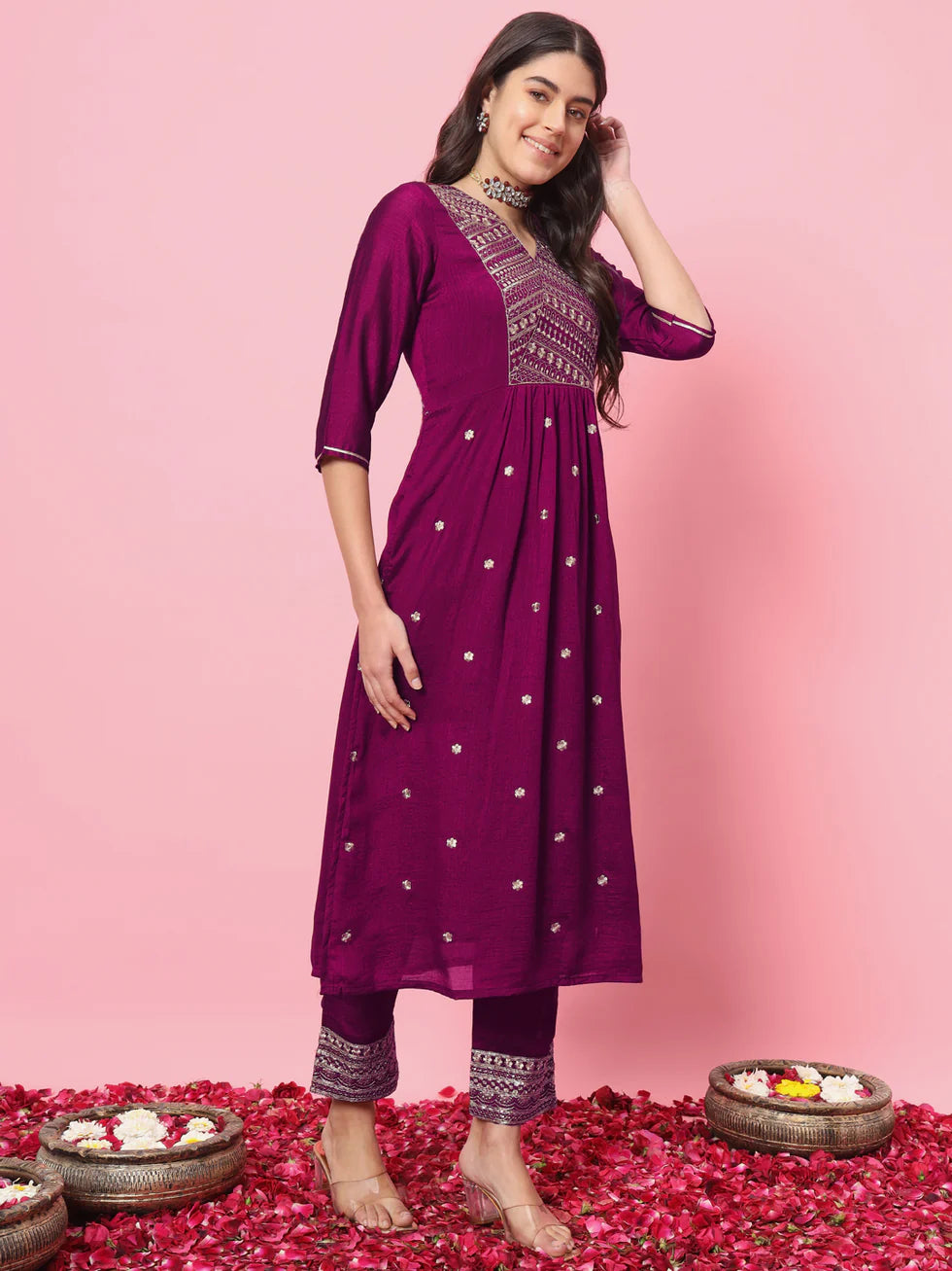 Floral Embroidered Silk V Neck Kurta Trouser And Dupatta Set