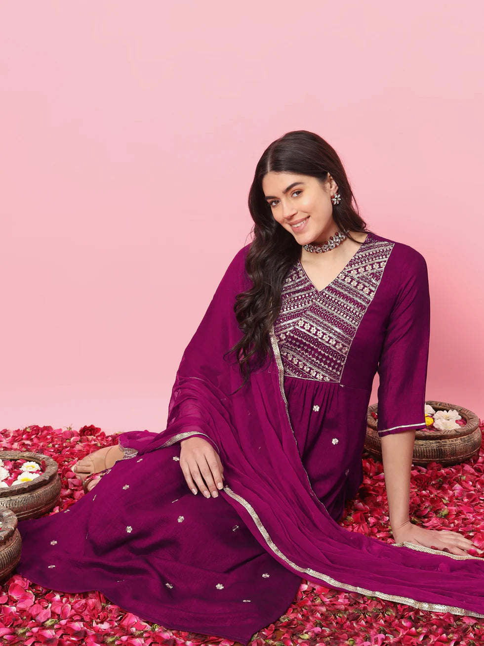 Floral Embroidered Silk V Neck Kurta Trouser And Dupatta Set