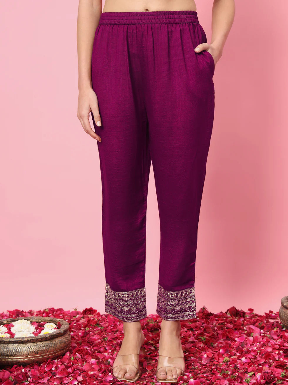 Floral Embroidered Silk V Neck Kurta Trouser And Dupatta Set