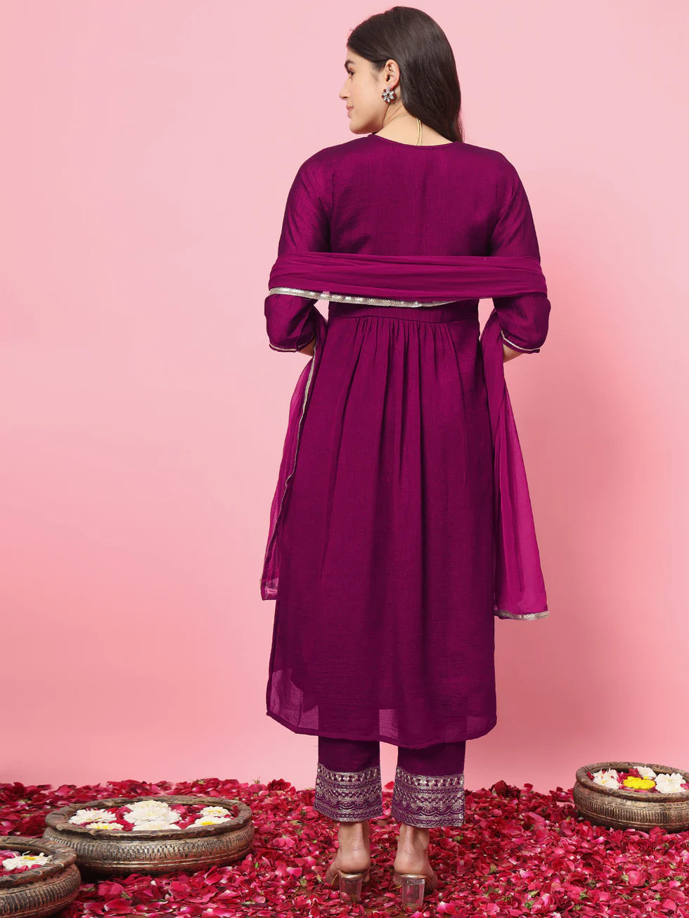 Floral Embroidered Silk V Neck Kurta Trouser And Dupatta Set