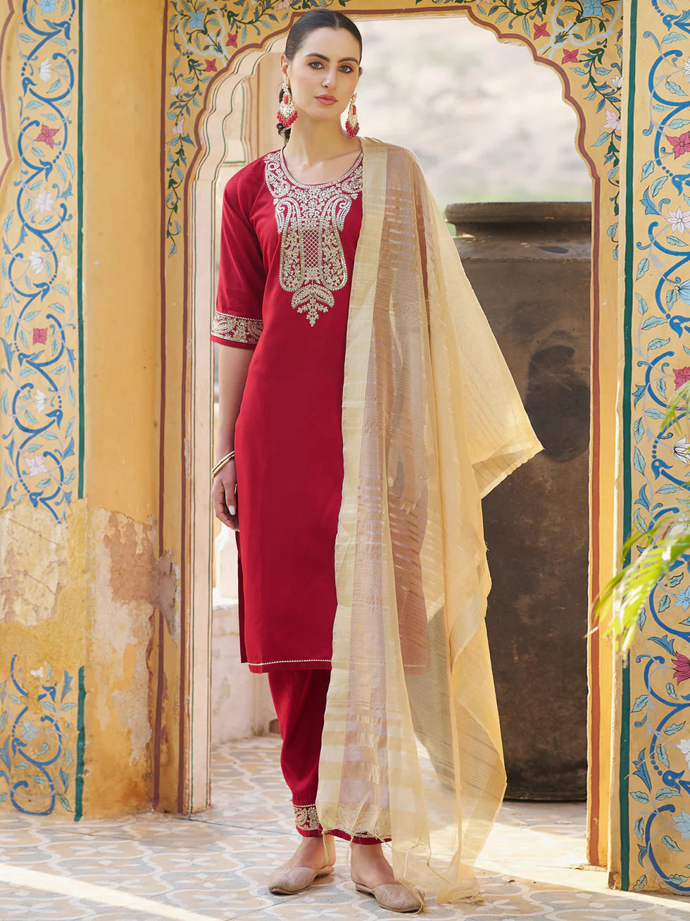 Zaria Crimson Embroidered Set