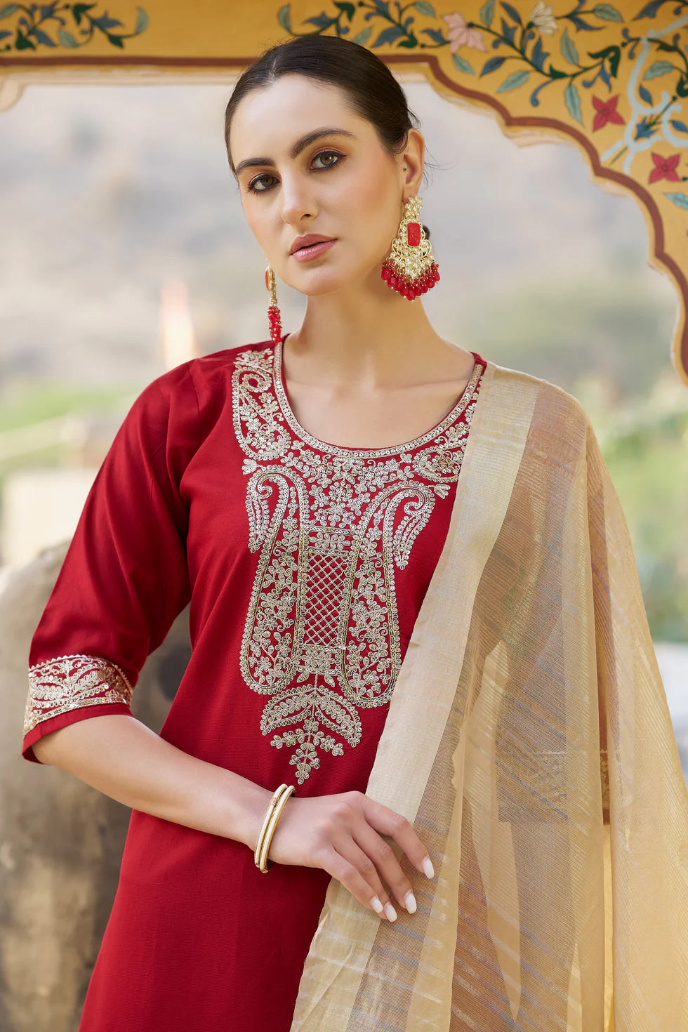 Zaria Crimson Embroidered Set