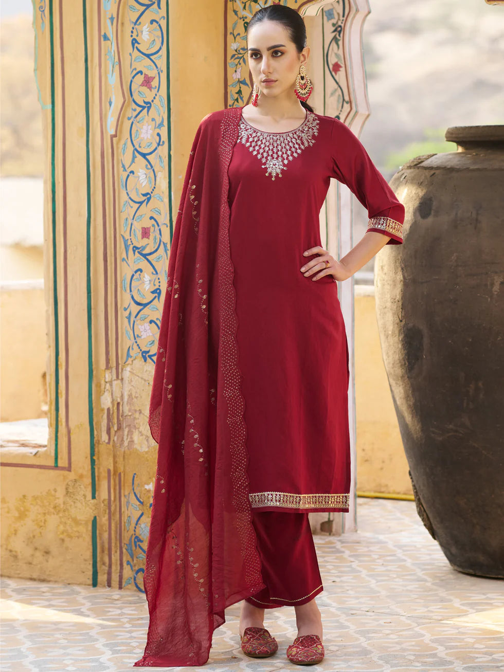 Zivara Embroidered Viscose Rayon Kurta Set
