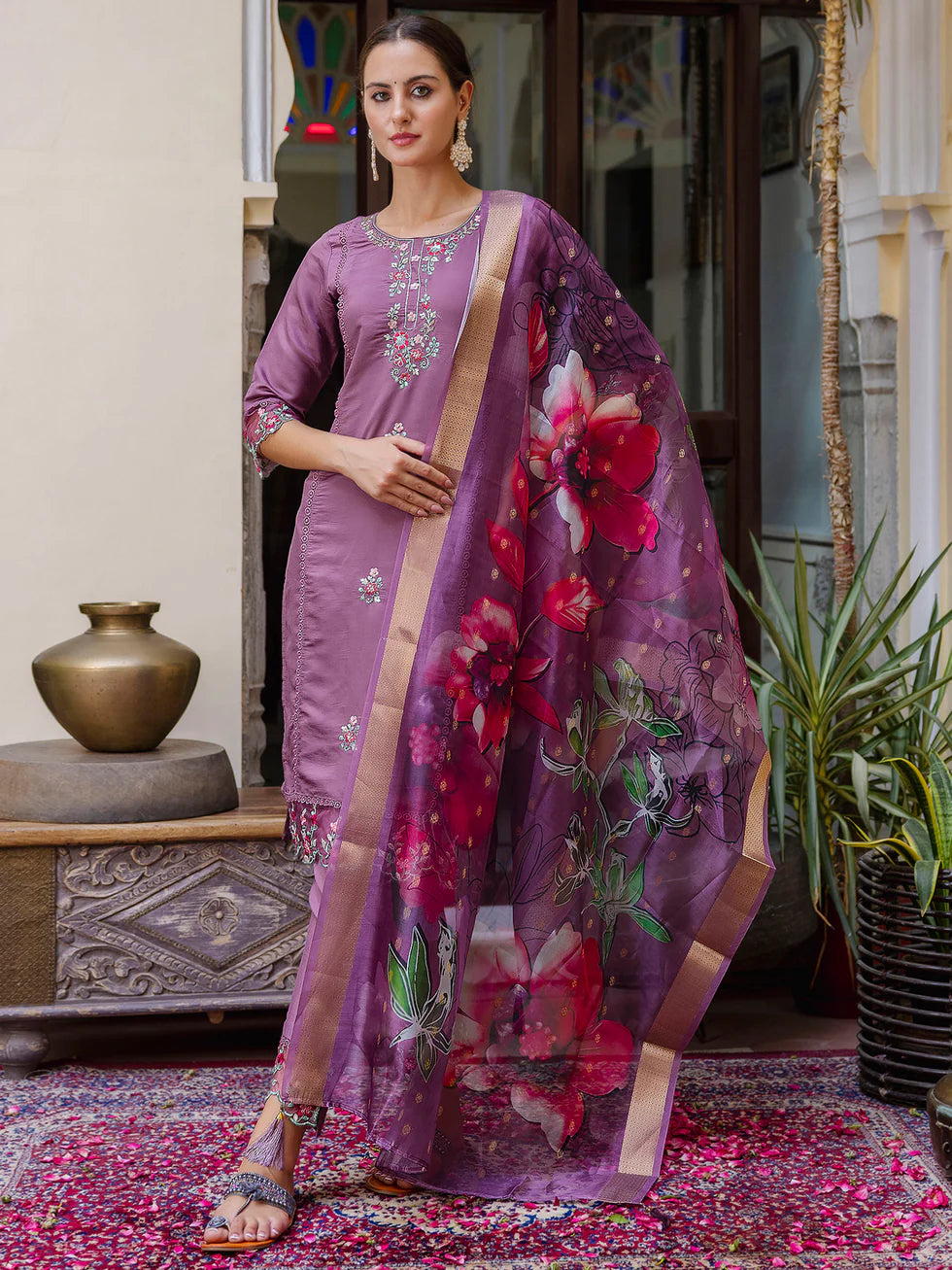 Floral Embroidered Silk Round_Neck Kurta Trouser & Dupatta Set