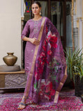 Floral Embroidered Silk Round_Neck Kurta Trouser & Dupatta Set