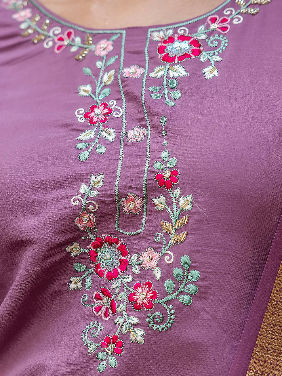 Floral Embroidered Silk Round_Neck Kurta Trouser & Dupatta Set