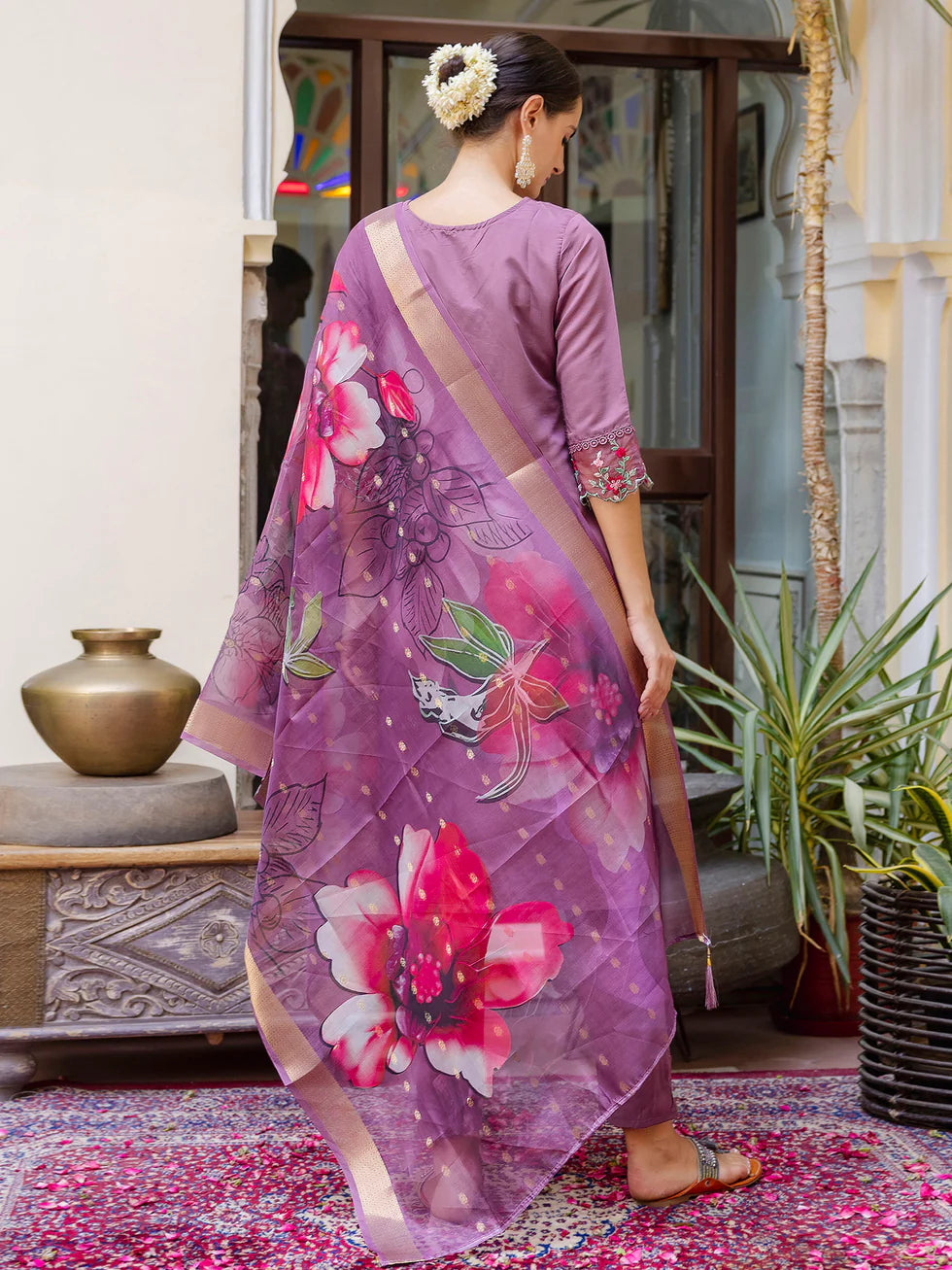 Floral Embroidered Silk Round_Neck Kurta Trouser & Dupatta Set