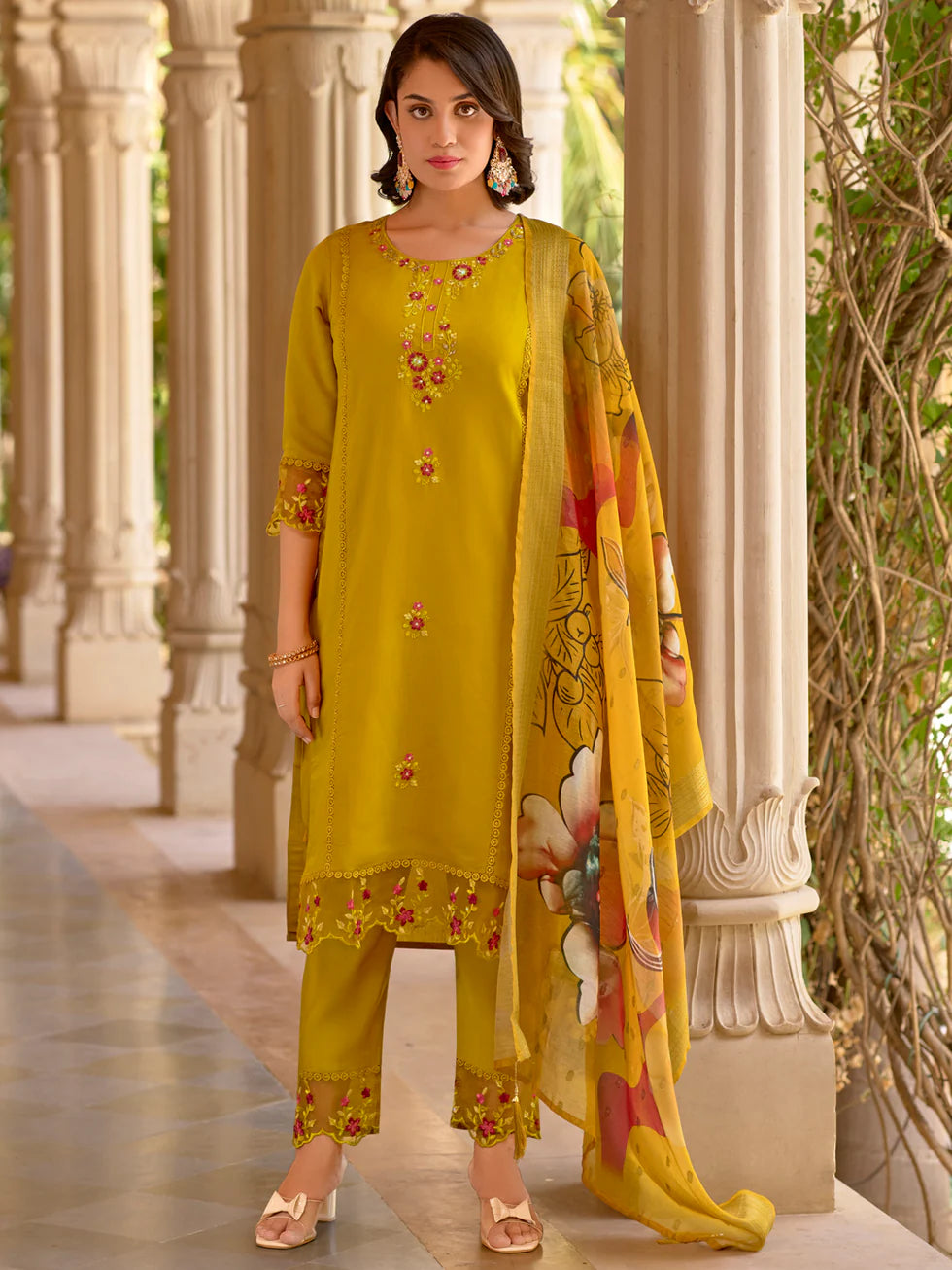 Floral Embroidered Silk Round_Neck Kurta Trouser & Dupatta Set
