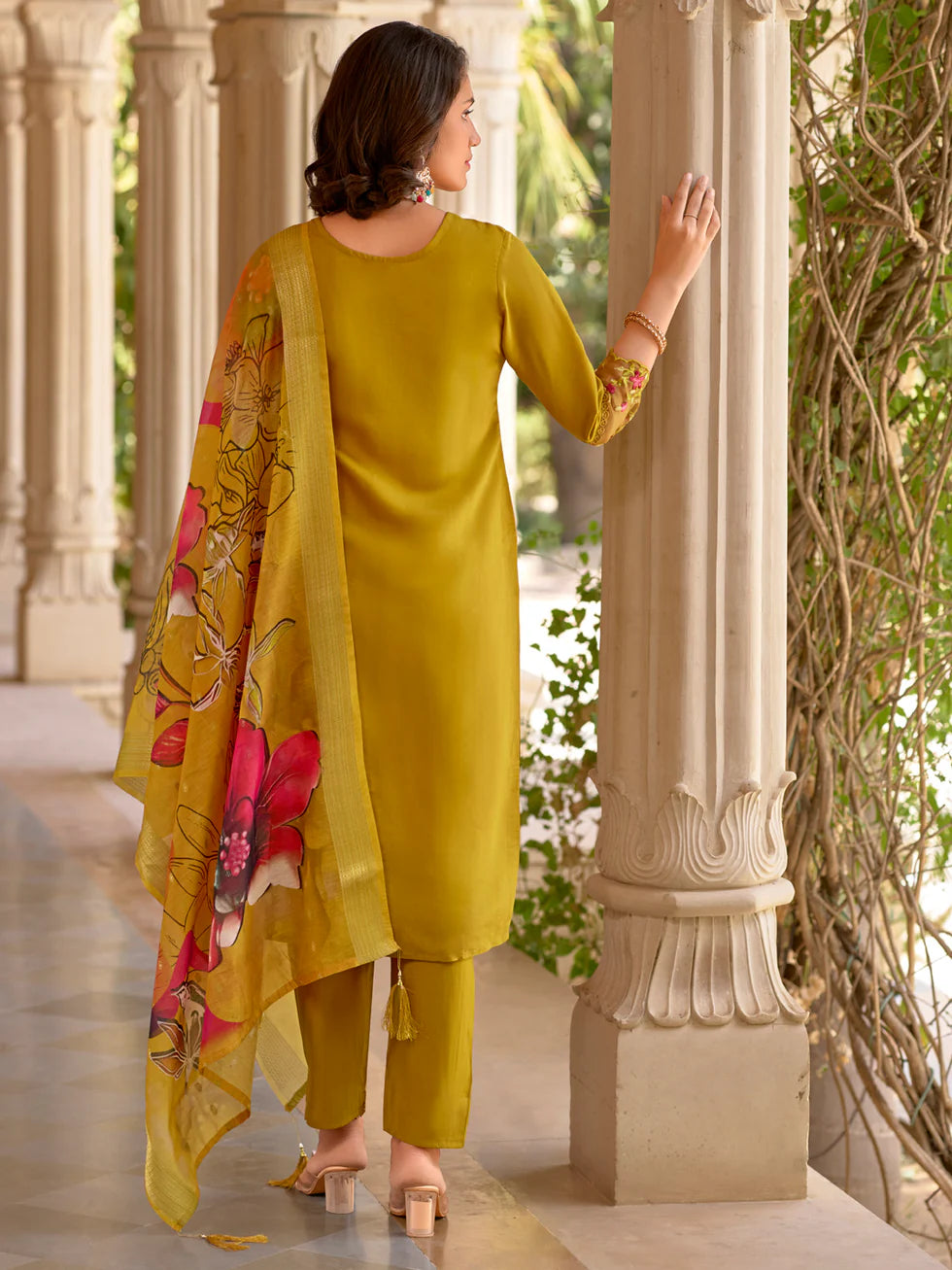 Floral Embroidered Silk Round_Neck Kurta Trouser & Dupatta Set