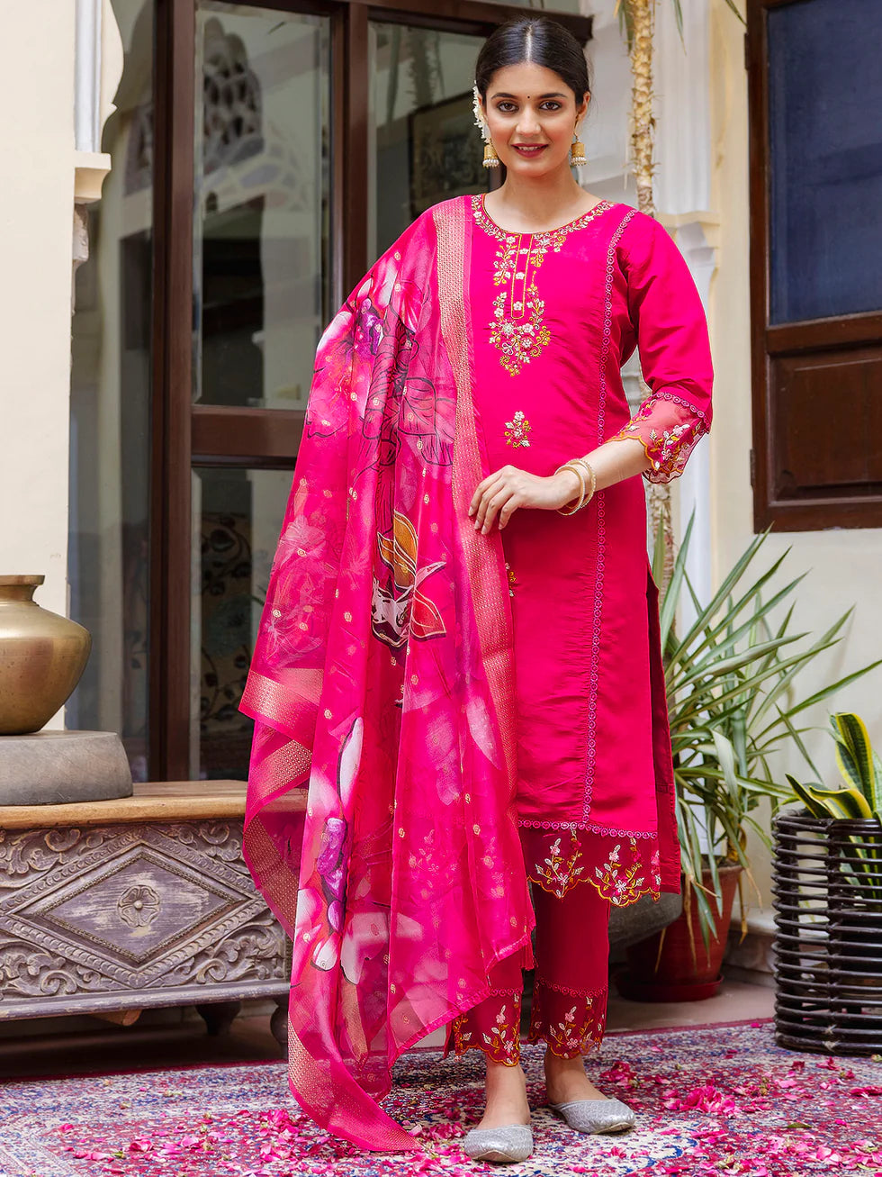 Floral Embroidered Silk Round_Neck Kurta Trouser & Dupatta Set