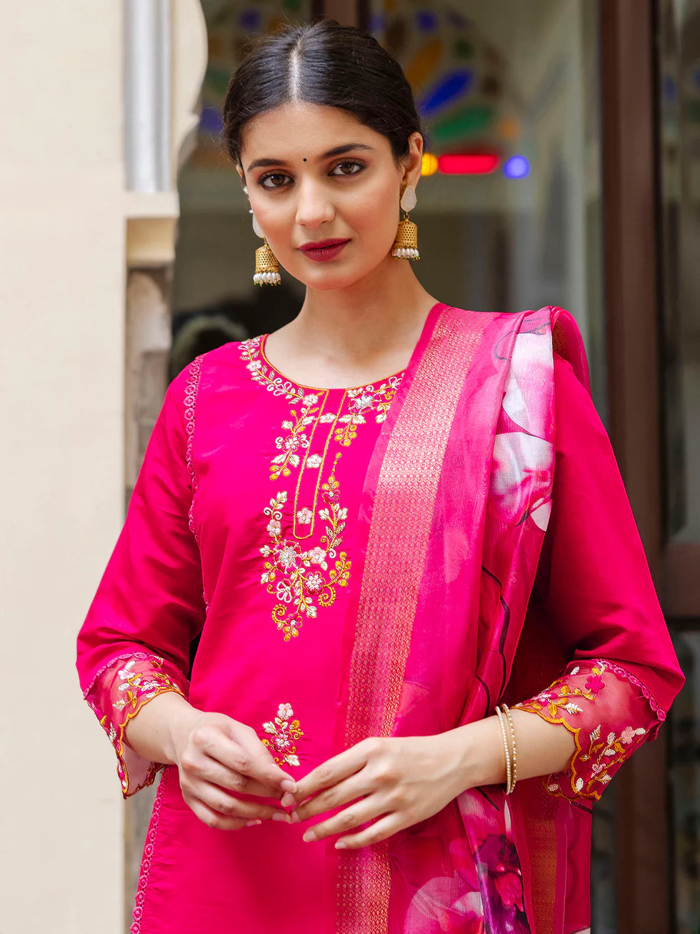 Floral Embroidered Silk Round_Neck Kurta Trouser & Dupatta Set
