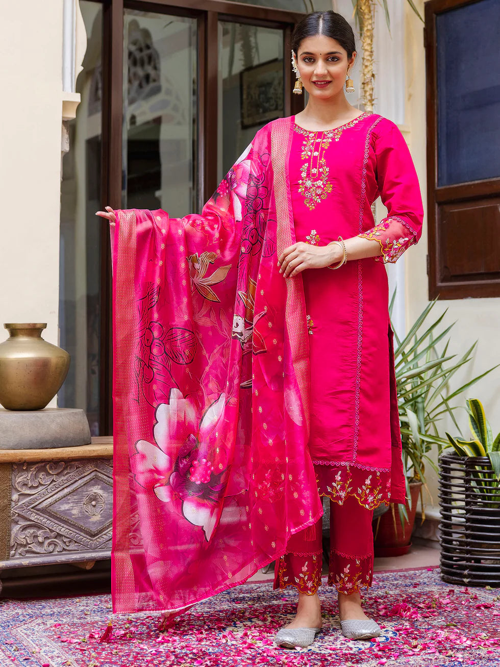 Floral Embroidered Silk Round_Neck Kurta Trouser & Dupatta Set