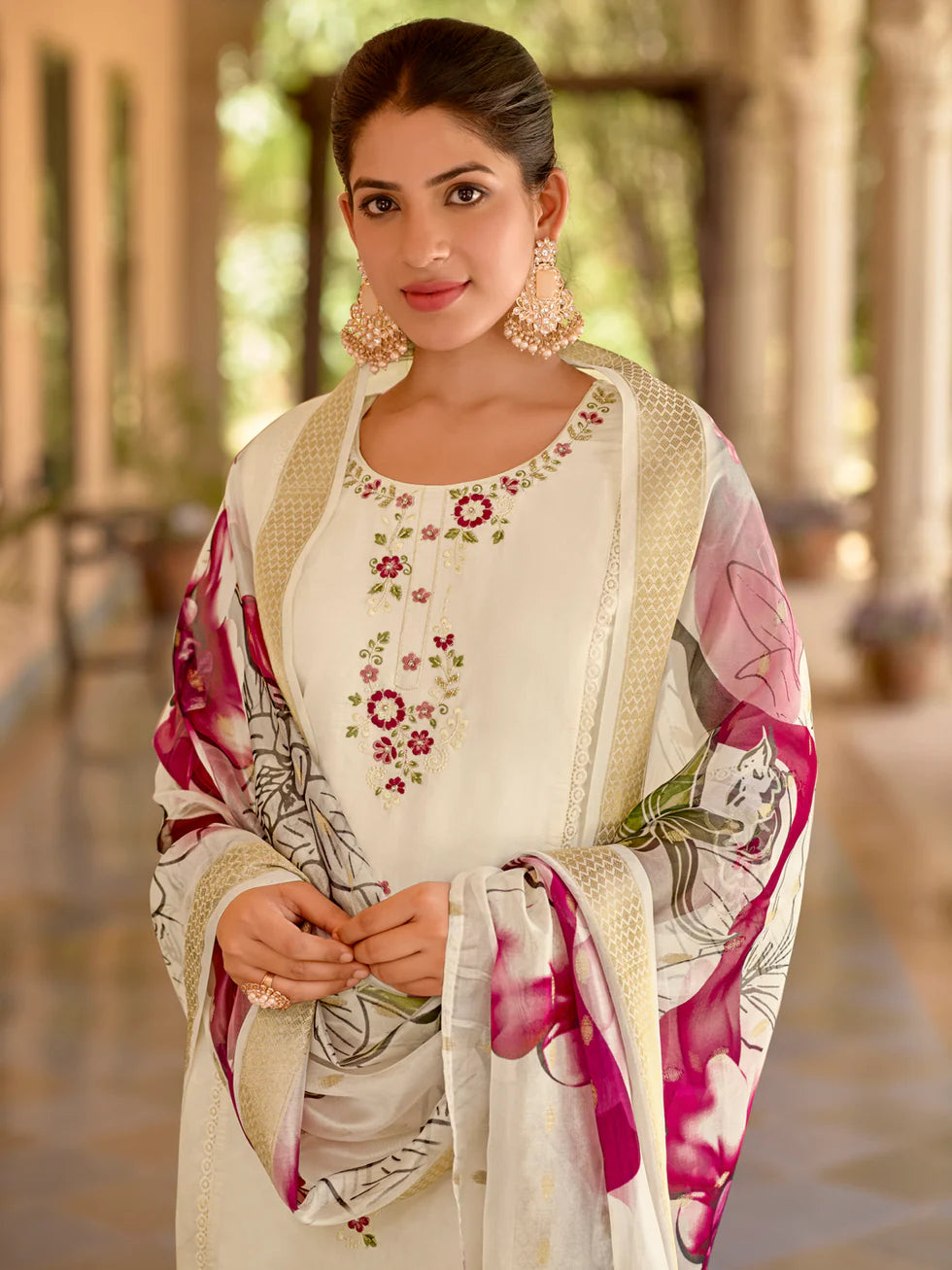 Floral Embroidered Silk Round_Neck Kurta Trouser & Dupatta Set