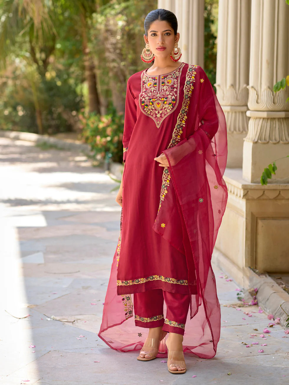 Floral Embroidered Viscose_Rayon Round_Neck Kurta Trouser & Dupatta Set