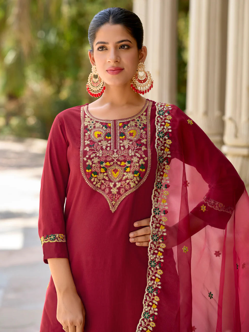 Floral Embroidered Viscose_Rayon Round_Neck Kurta Trouser & Dupatta Set