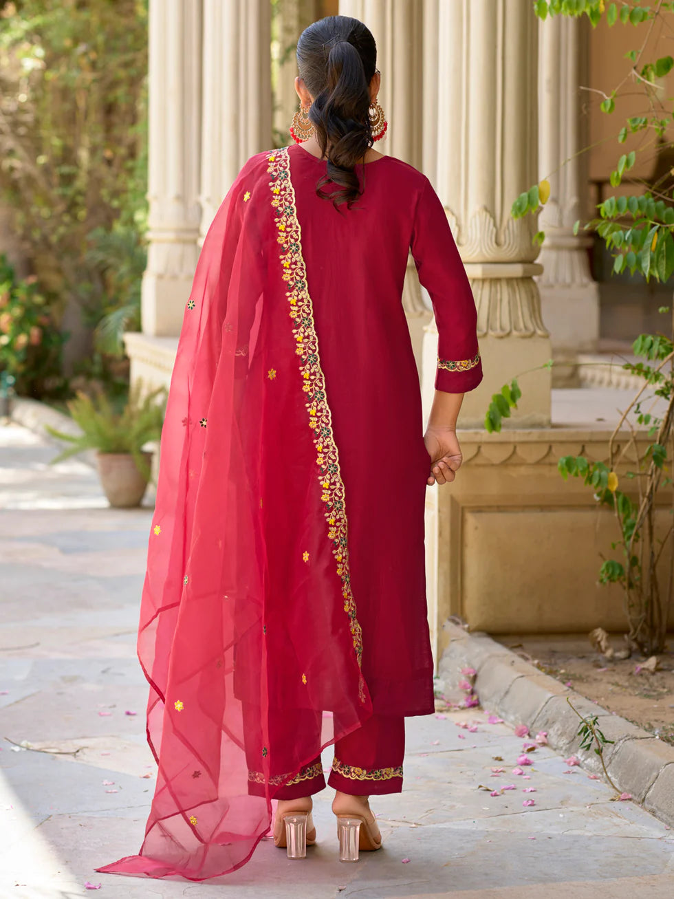 Floral Embroidered Viscose_Rayon Round_Neck Kurta Trouser & Dupatta Set