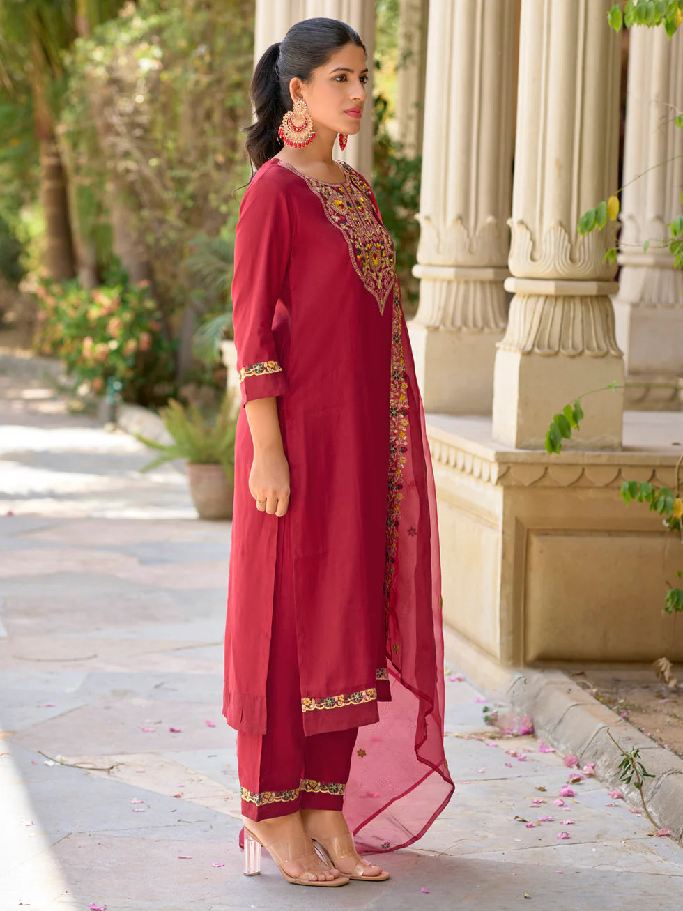 Floral Embroidered Viscose_Rayon Round_Neck Kurta Trouser & Dupatta Set
