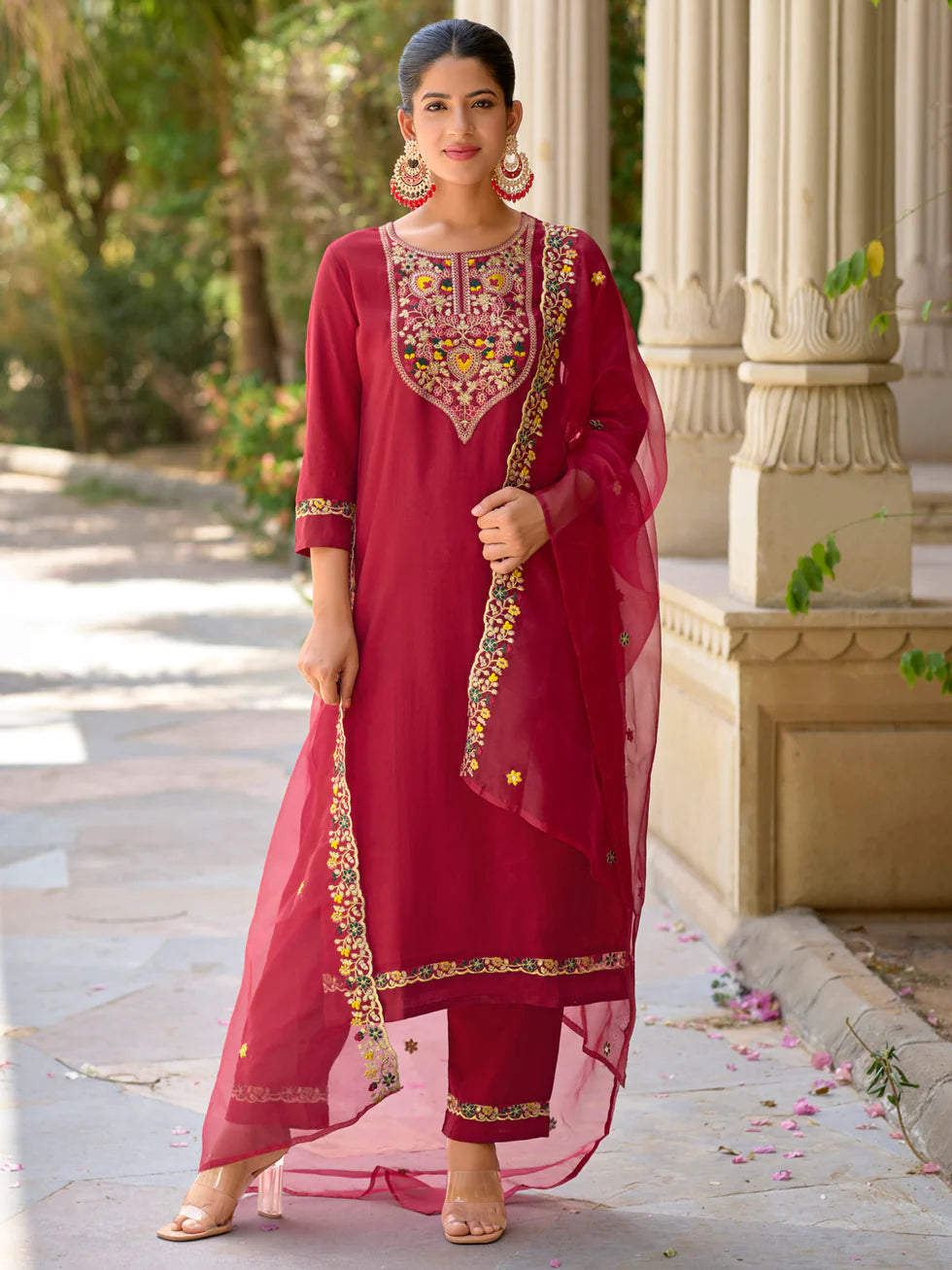 Floral Embroidered Viscose_Rayon Round_Neck Kurta Trouser & Dupatta Set