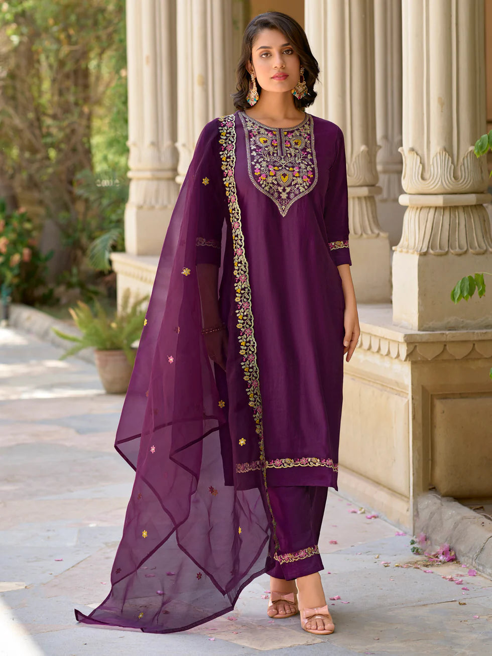 Floral Embroidered Viscose_Rayon Round_Neck Kurta Trouser & Dupatta Set