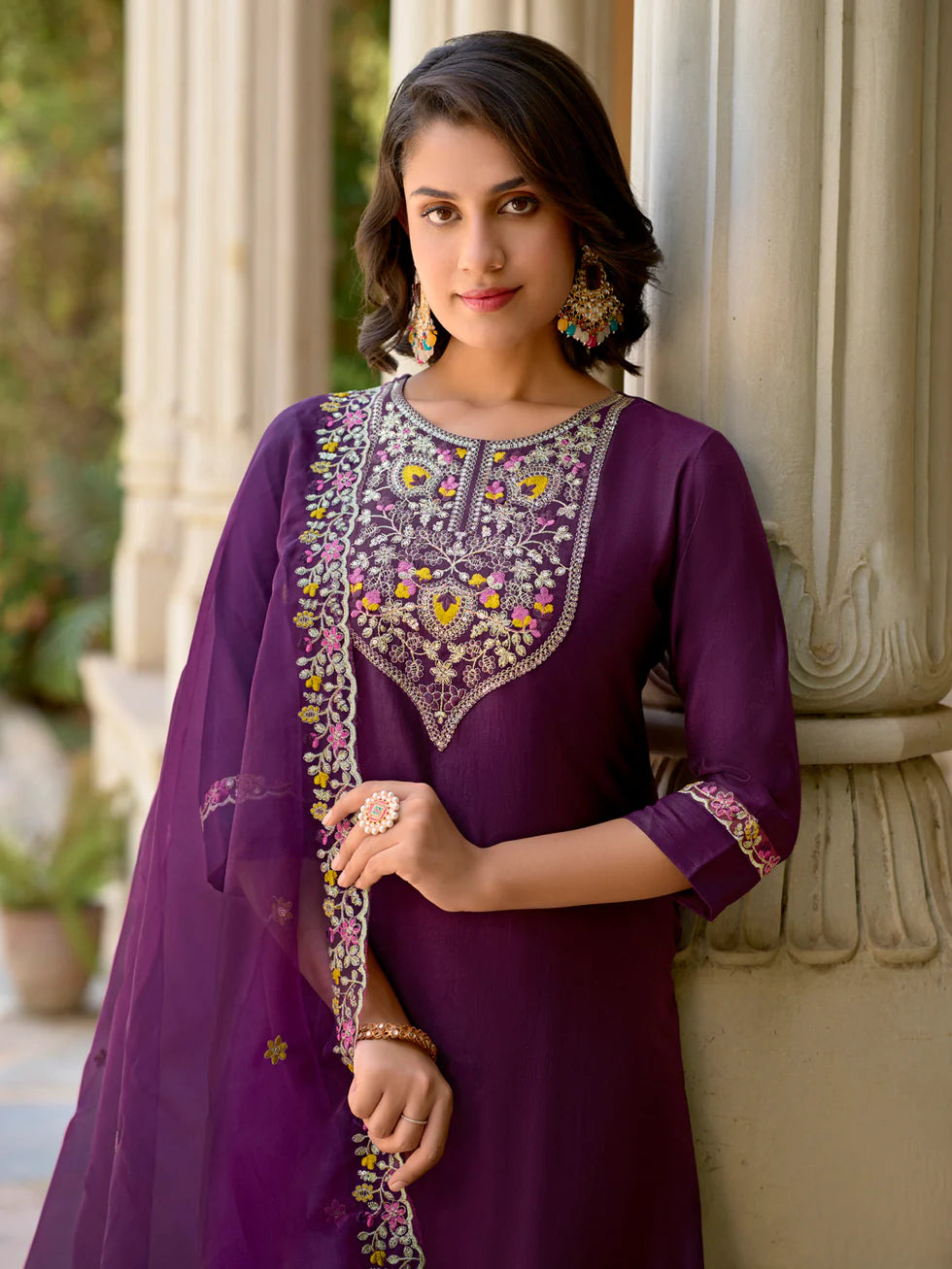 Floral Embroidered Viscose_Rayon Round_Neck Kurta Trouser & Dupatta Set