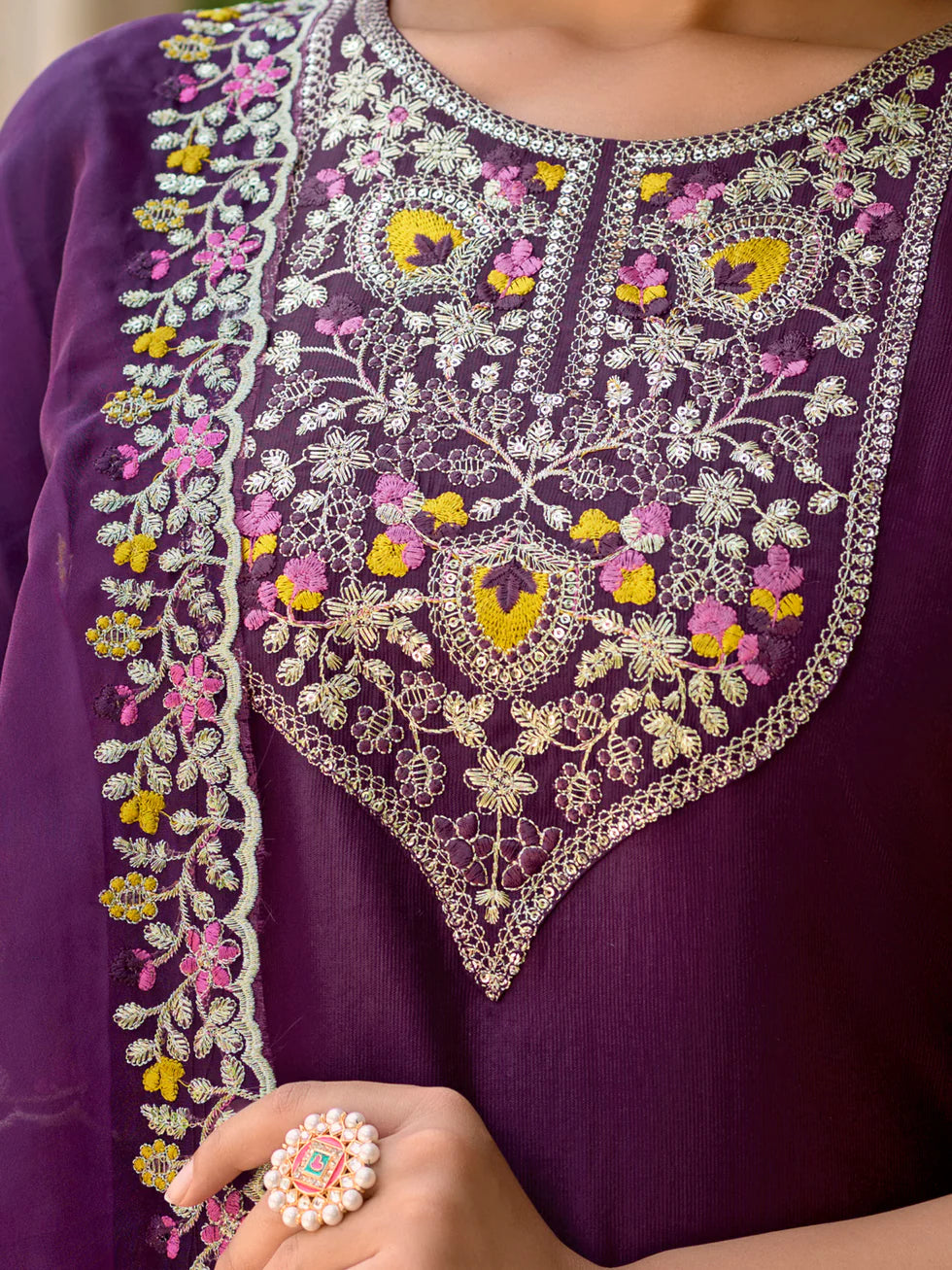 Floral Embroidered Viscose_Rayon Round_Neck Kurta Trouser & Dupatta Set