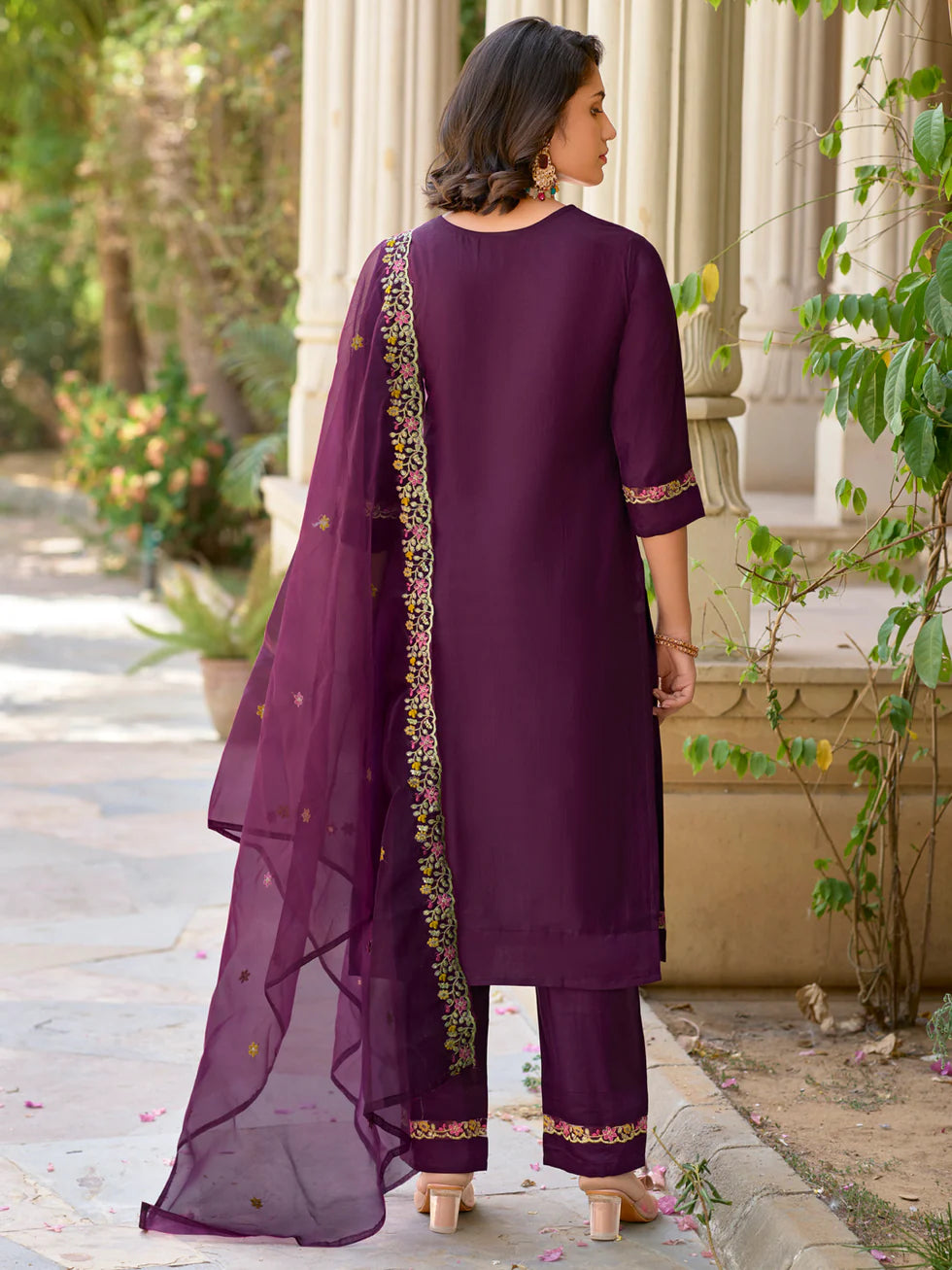 Floral Embroidered Viscose_Rayon Round_Neck Kurta Trouser & Dupatta Set