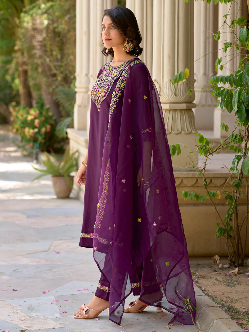 Floral Embroidered Viscose_Rayon Round_Neck Kurta Trouser & Dupatta Set
