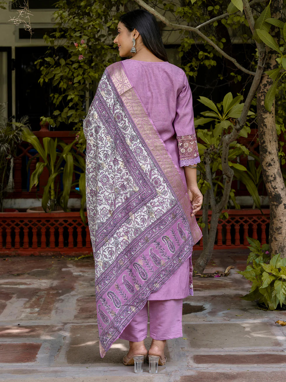 Floral Embroidered Silk_Blend Round_Neck Kurta Trouser & Dupatta Set