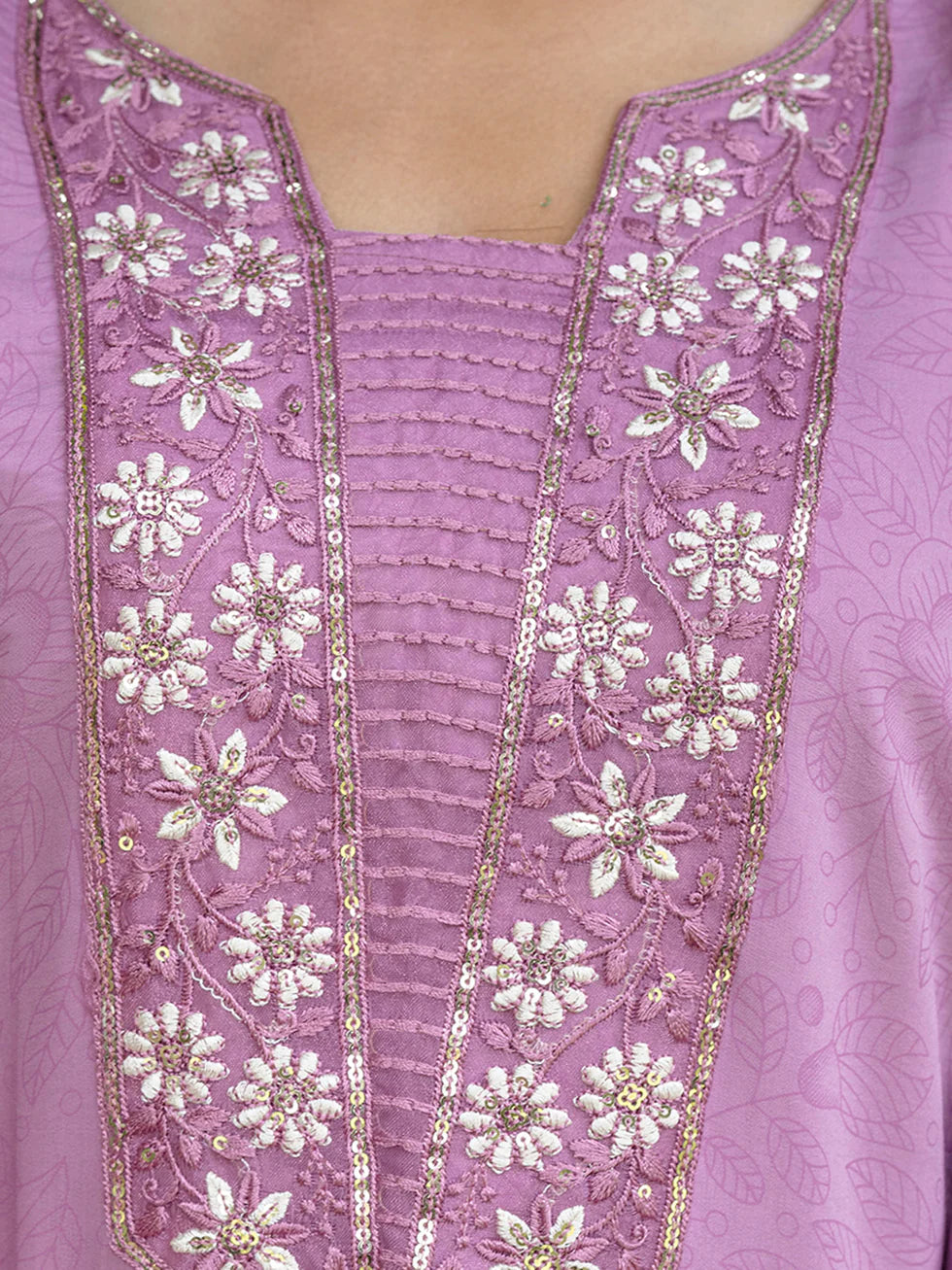 Floral Embroidered Silk_Blend Round_Neck Kurta Trouser & Dupatta Set