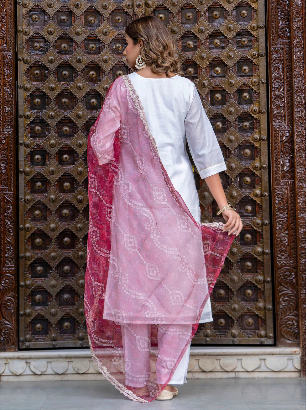 Floral Embroidered Chanderi Silk V Neck Kurta Trouser & Dupatta Set