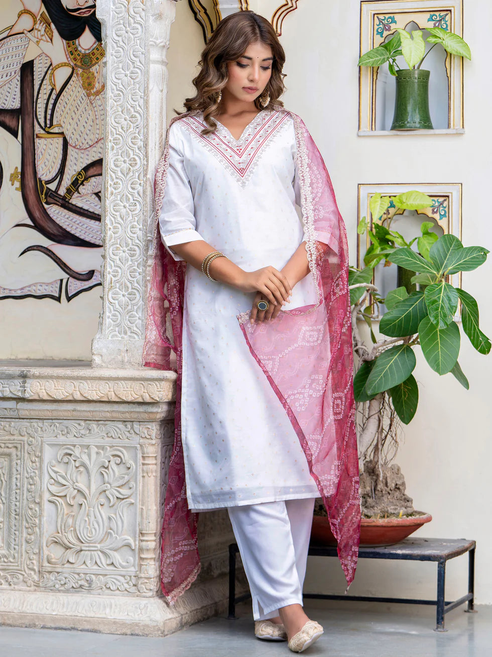 Floral Embroidered Chanderi Silk V Neck Kurta Trouser & Dupatta Set