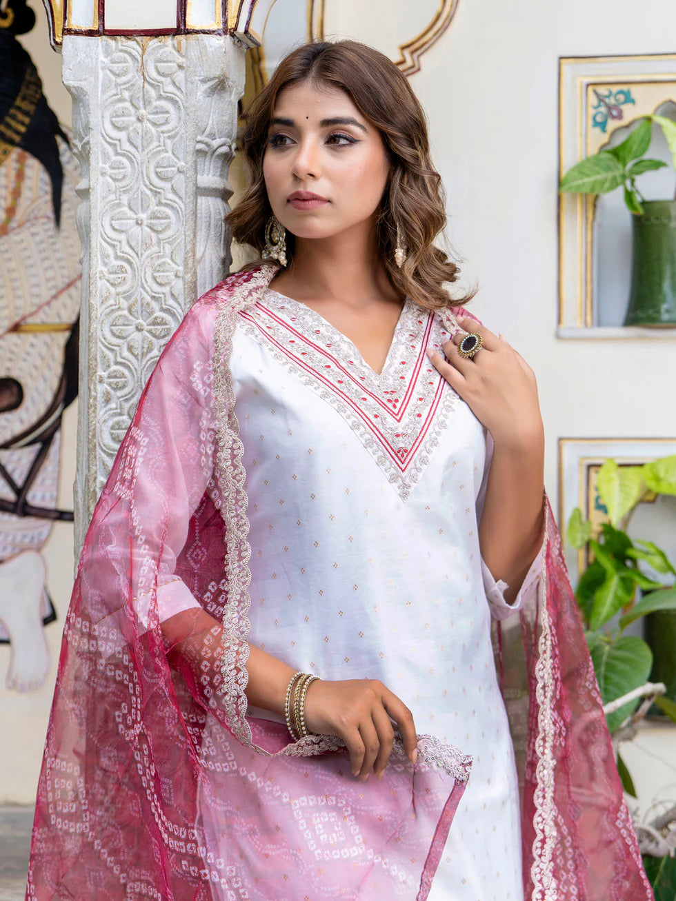 Floral Embroidered Chanderi Silk V Neck Kurta Trouser & Dupatta Set