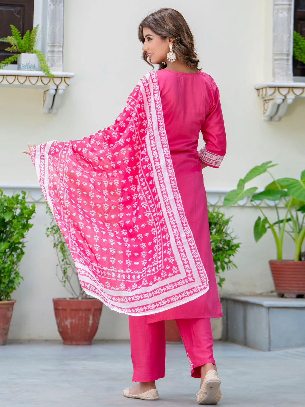 Floral Embroidered Silk Round Neck Kurta Trouser & Dupatta Set
