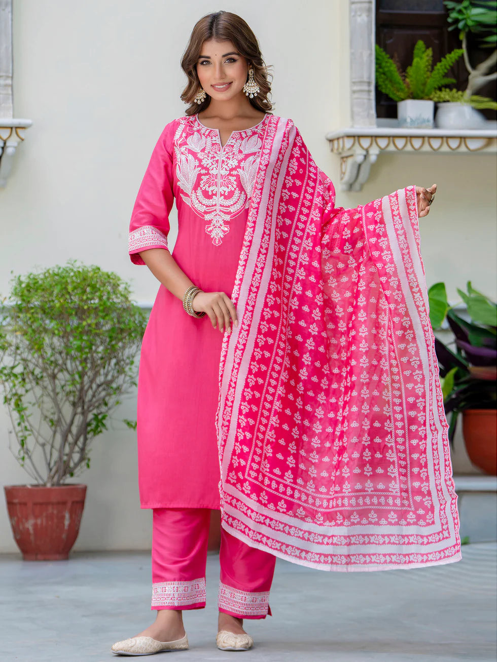 Floral Embroidered Silk Round Neck Kurta Trouser & Dupatta Set