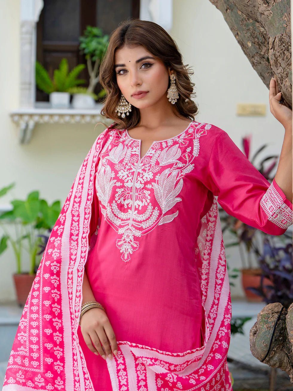 Floral Embroidered Silk Round Neck Kurta Trouser & Dupatta Set