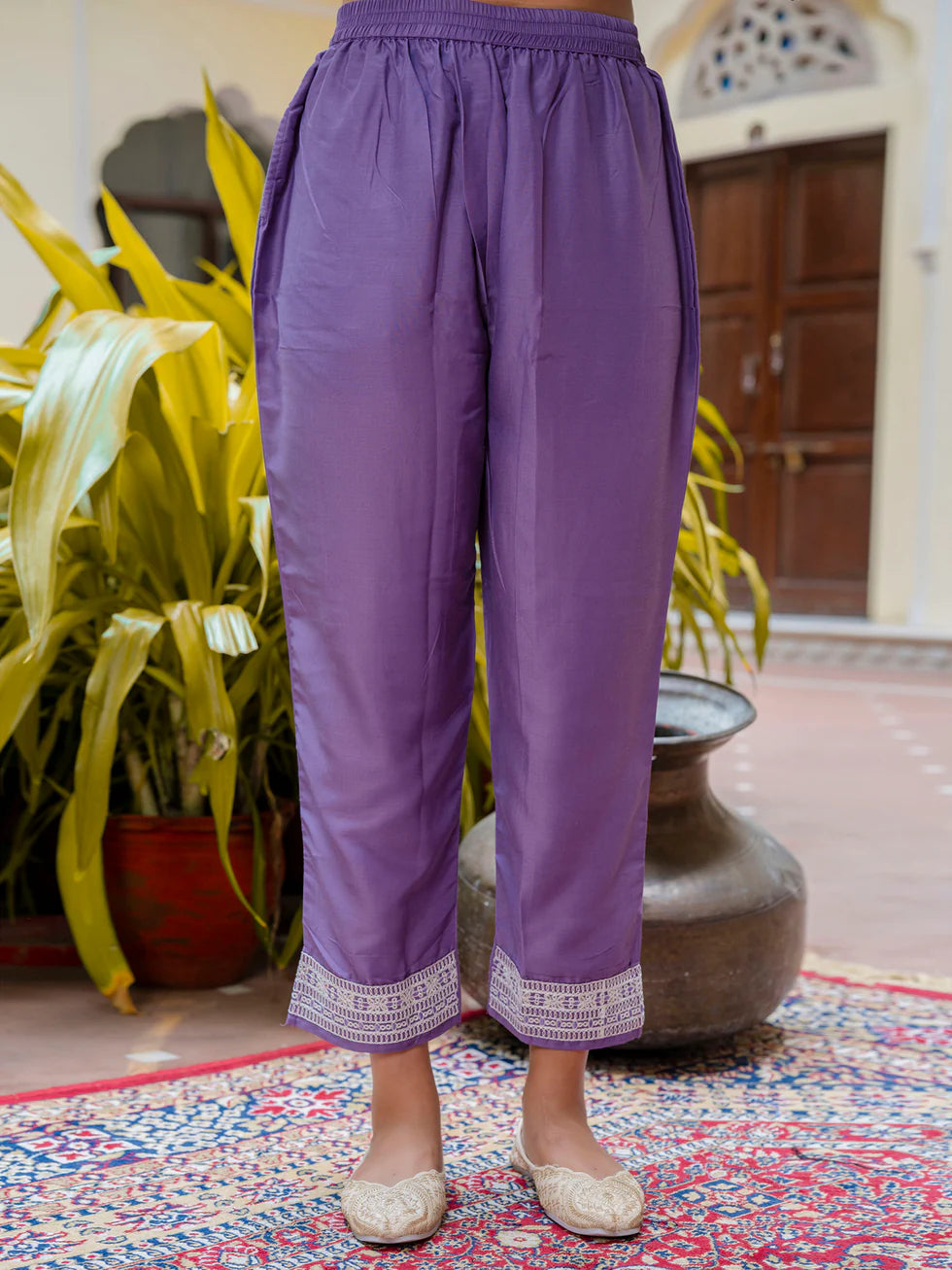 Floral Embroidered Silk Round_Neck Kurta Trouser & Dupatta Set