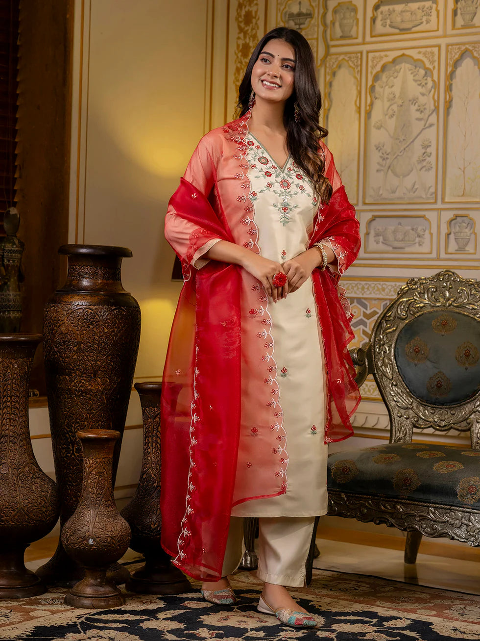 Floral Embroidered Silk V Neck Kurta Trouser & Dupatta Set